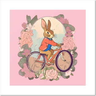 Cycling Enthusiast Cycler of Rabbit in Vintage Flowers Adventure Posters and Art